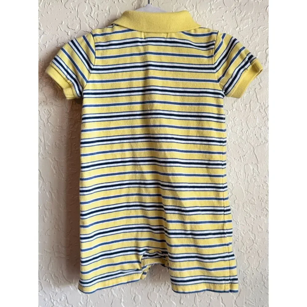 Ralph Lauren Yellow Blue Striped Baby Romper 6M Collared 100% Cotton